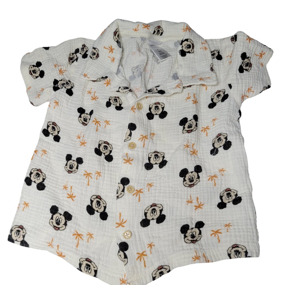 Disney Mickey Mouse Kids White Cotton Gauze Button Up Shirt Palm Trees Size 6